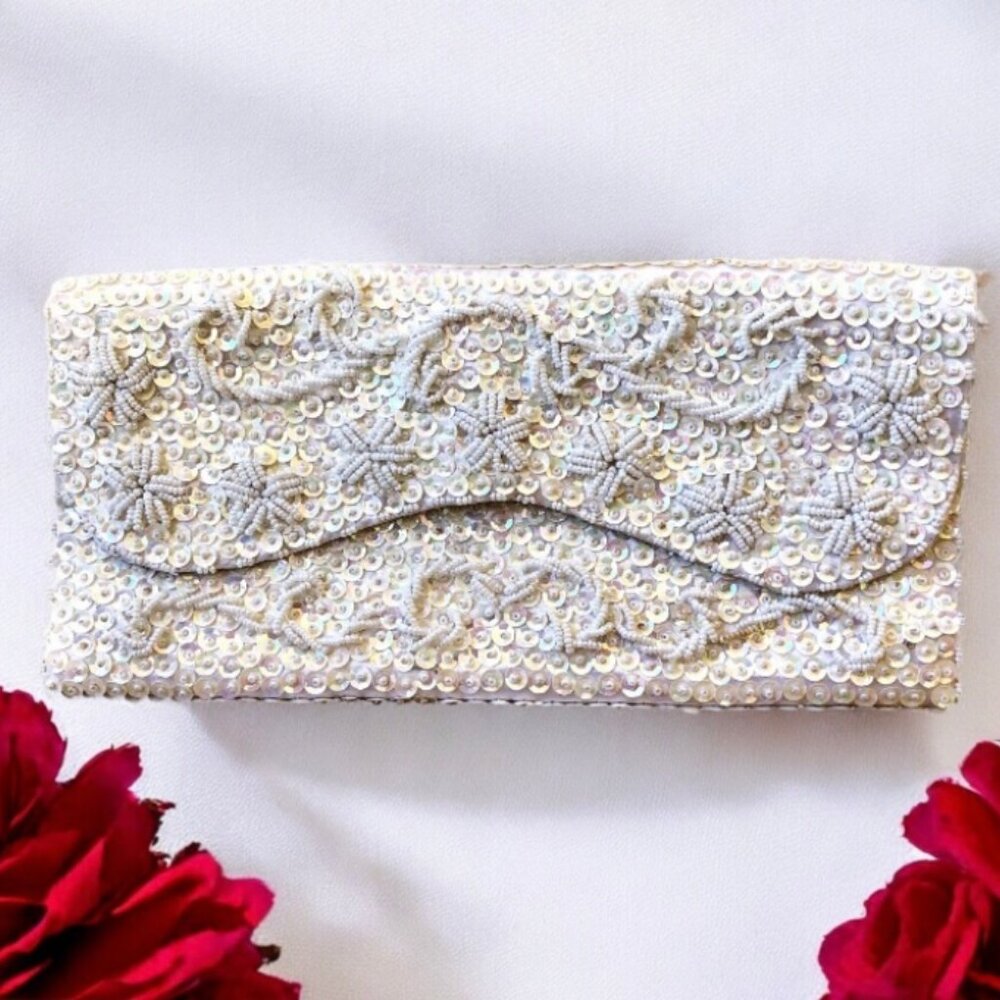Bon Soir Vintage 60's White Silk Beaded Clutch Double Sided Made by Hand